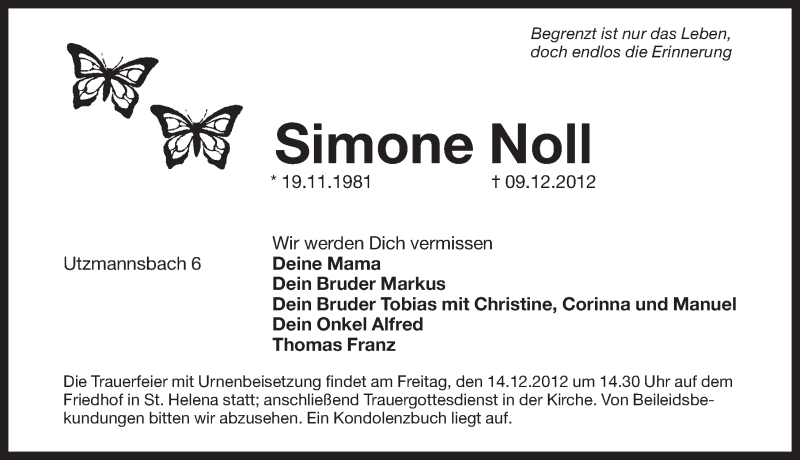  Traueranzeige für Simone Noll vom 12.12.2012 aus Pegnitz-Zeitung